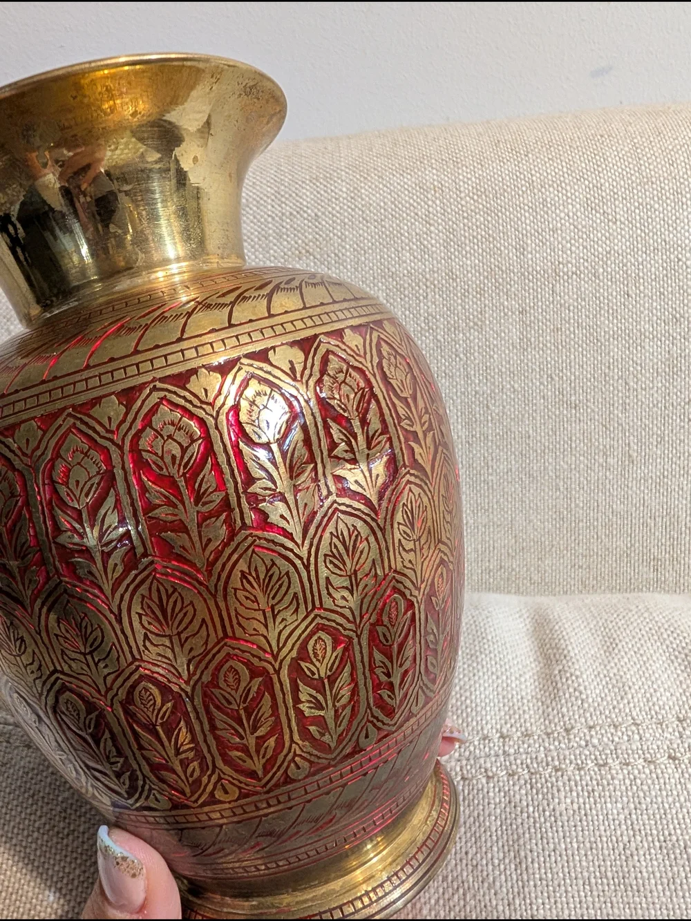Brass Decorative Vase with Red Patina Accent Vintage Indian Home Accents